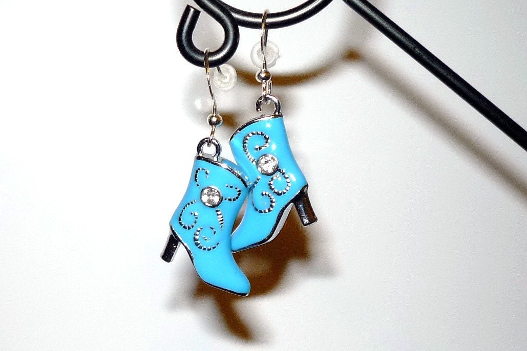 Blue Cowboy Boot Earrings Turquoise Western Cowboy Rockabilly Boho READY TO SHIP