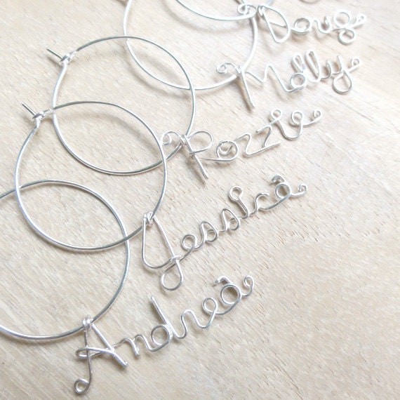 Handwritten Name Wine Charm Silver wire - Set of 2