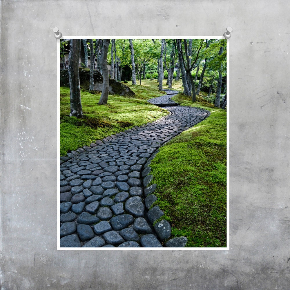 Garden Photography - Japan moss garden grey winding path trees sunshine - 10x8 11x14 16x20 20x30 print photo wall art home decor poster