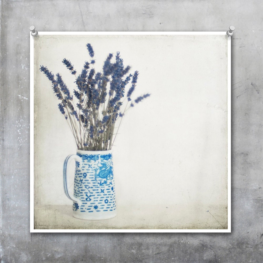 Lavender in Blue and White Jug against textured pale background photo - 10x8 inch Fine Art Photograph Print