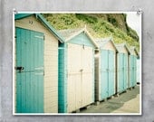 A row of pale duck egg blue and white beach huts English seaside - 10x8 11x14 16x20 20x30 inch photograph photo fine artprint
