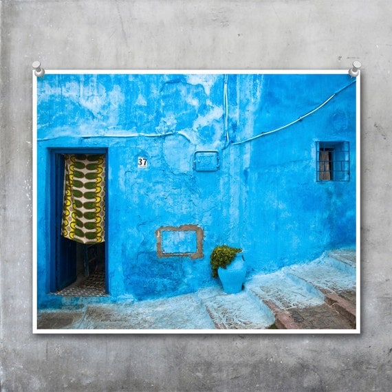 Moroccan Art Print - Blue House Door with Green and Yellow Curtain - 10x8 11x14 20x30 20x16 photograph wall art home decor print original