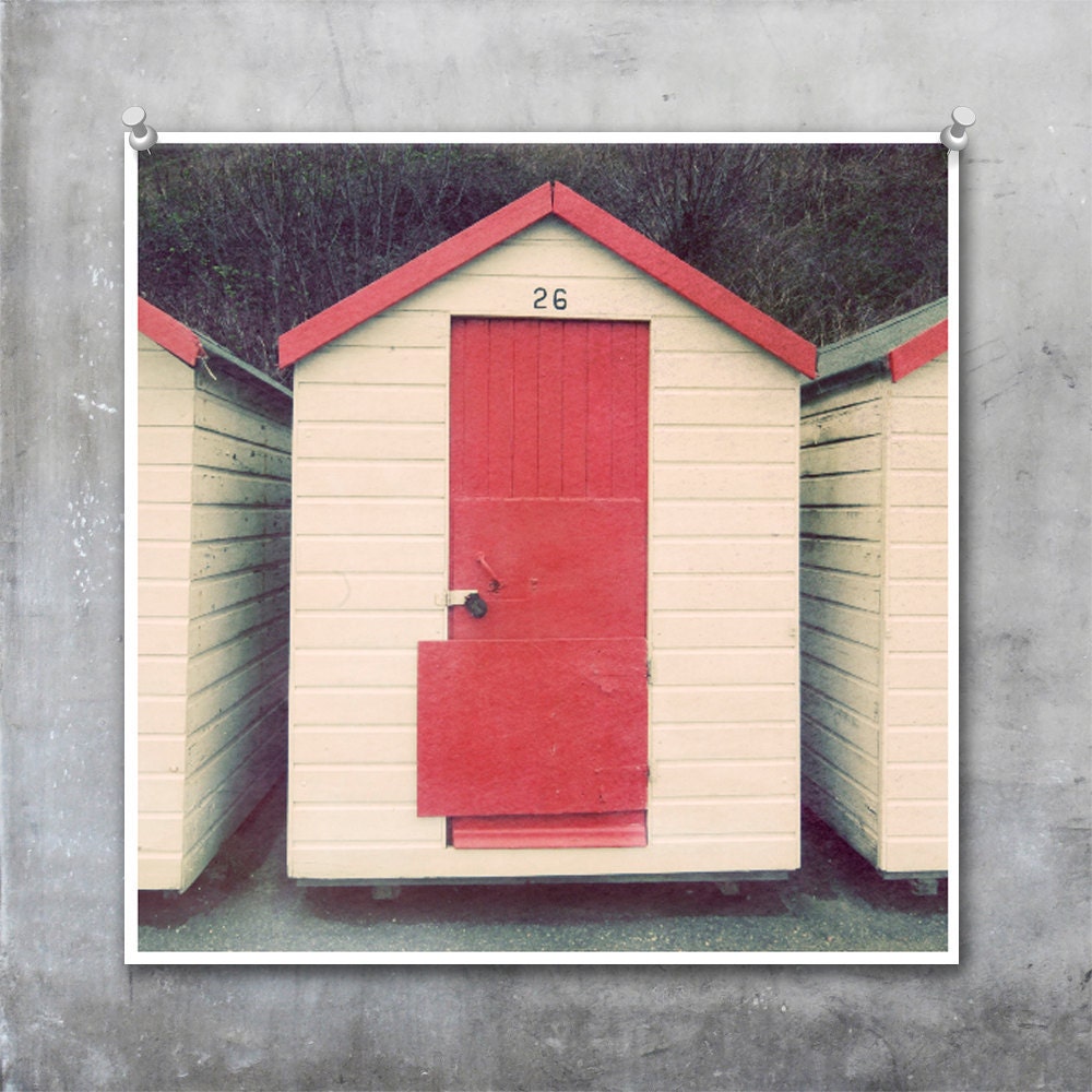 Red and White Beach Hut English Seaside square fine art photograh print art beach retro English British classic