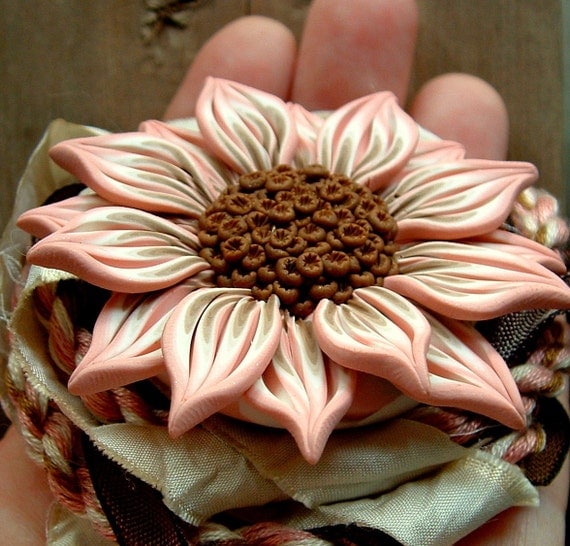 Flower Pendant, Pink and Brown, Hand Sculpted Polymer Clay