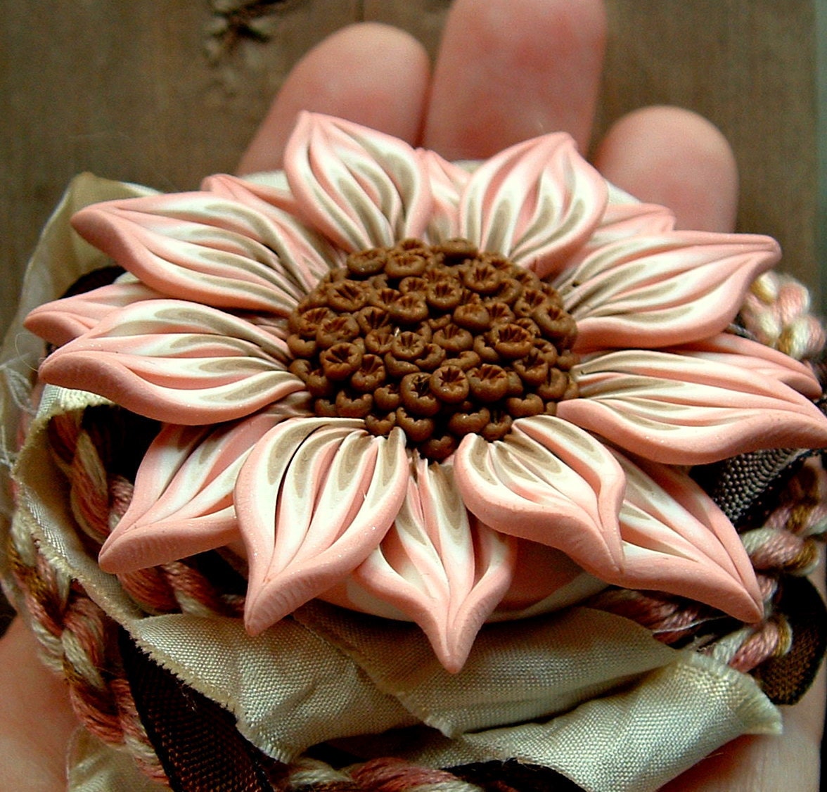 Flower Pendant, Pink and Brown, Hand Sculpted Polymer Clay