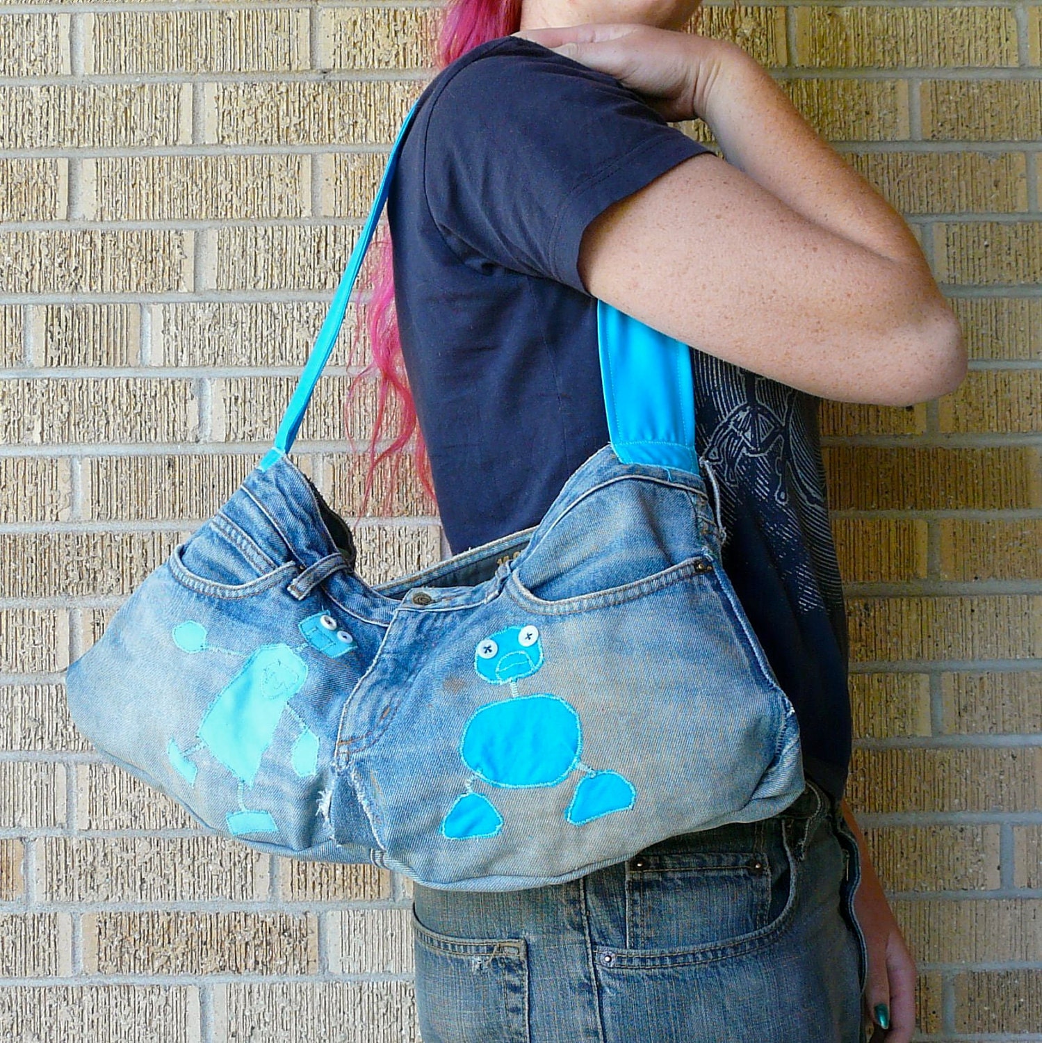 Upcycled Fabric Scraps Blue Robots of Destruction - Recycled Sidebag or Purse