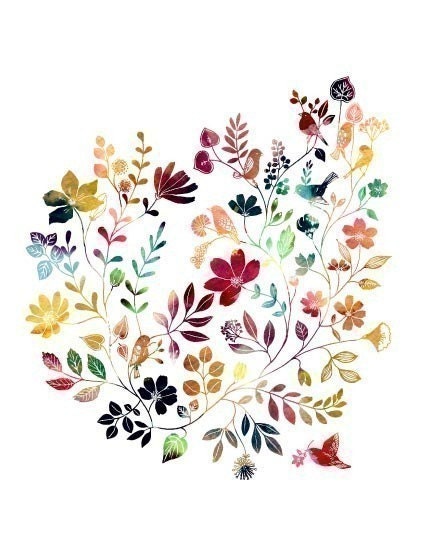 Watercolor Illustration Painting Print of birds and flowers title "Wild Garden (kaleidoscopic)"