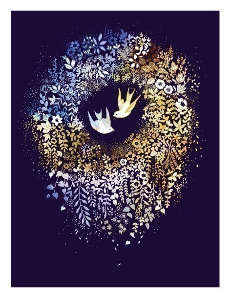Watercolor Illustration Print of Two Love Birds titled "Love Wreath"