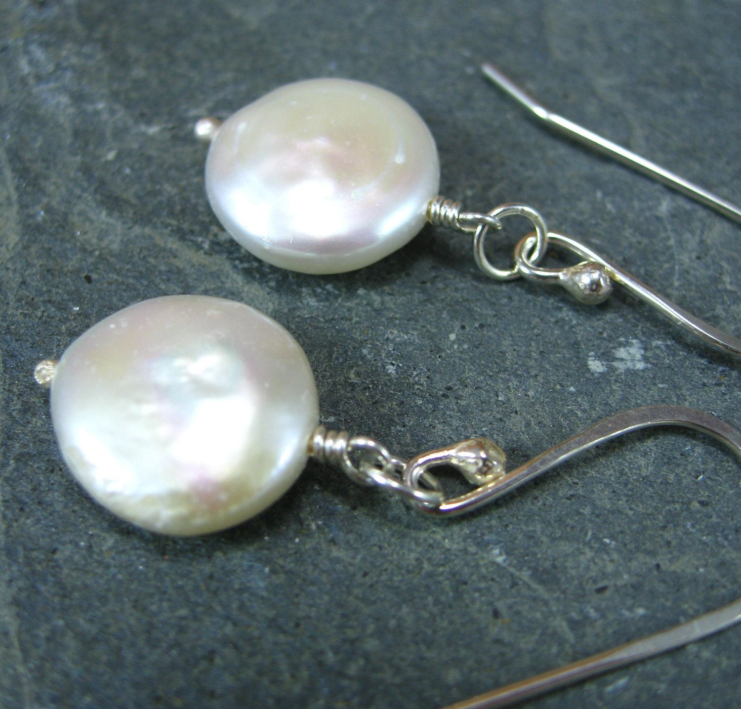 Pearl Moon Sterling Silver Earrings Freshwater Pearl Disk Cream White Bride June Birthstone