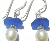 Cobalt Blue Ocean - Genuine Sea Glass Earrings - Sterling Silver and Fresh Water Pearl, Jewelry