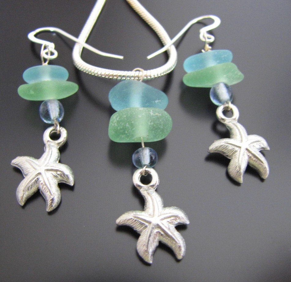 Genuine Beach Combed Seaglass - Blue and Green Sea Glass Necklace and Earrings Gift Set, Sea Star Jewelry