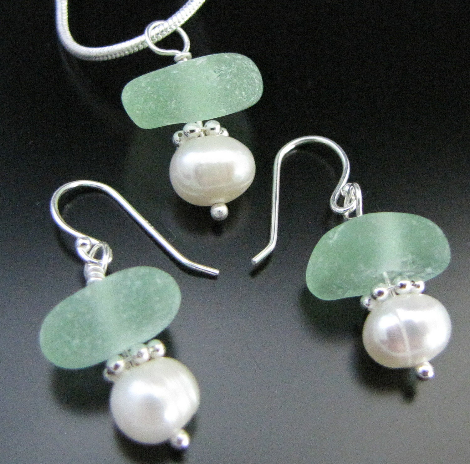 Genuine Beach Combed Seafoam Green & Pearl - Sea Glass Necklace and Earrings Gift Set, Jewelry