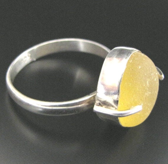 Rare Vibrant Yellow - Genuine Sea Glass Ring - Sterling Silver Size 7.25 - English Seaglass Jewelry
