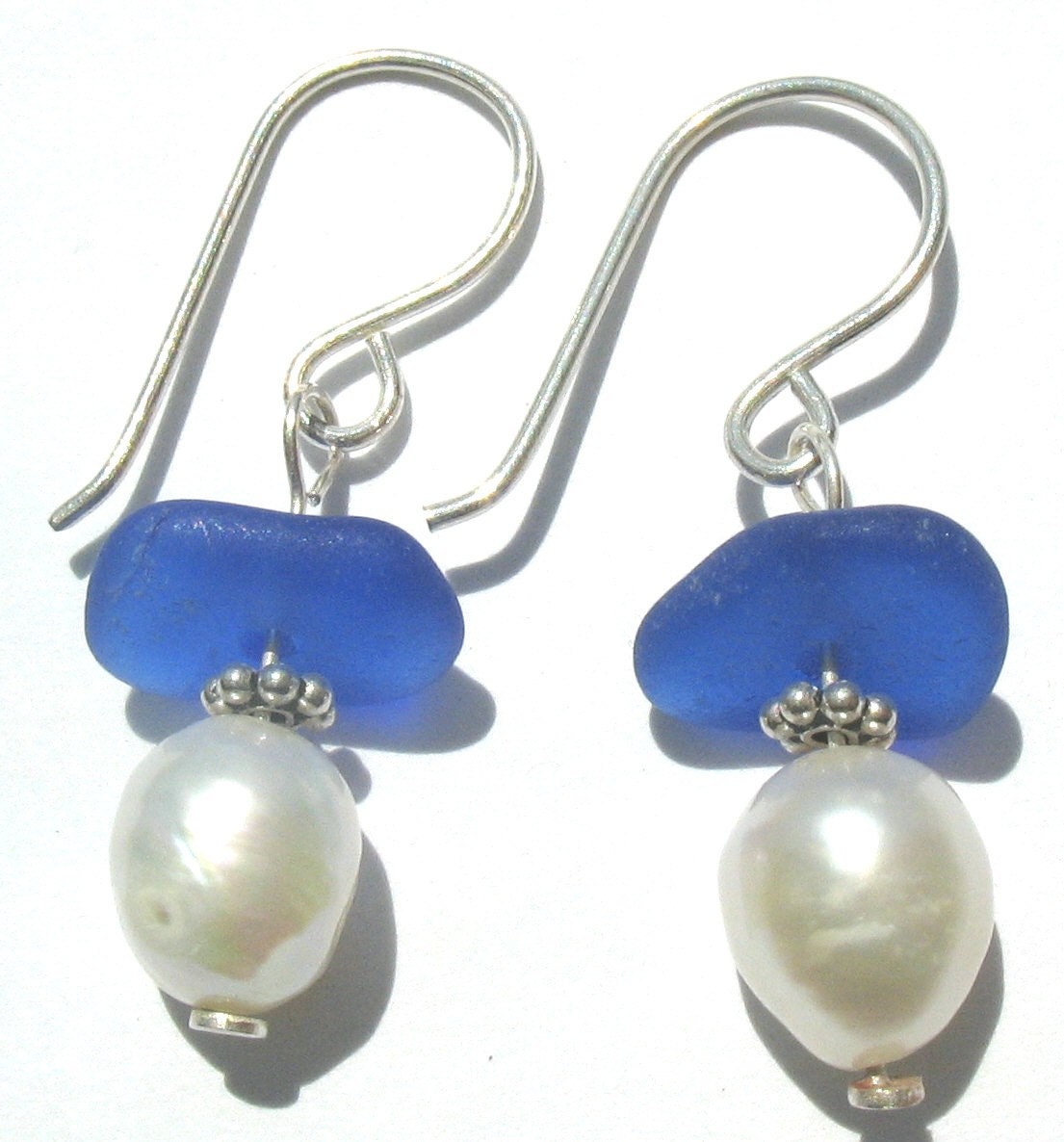 Cobalt Blue Ocean - Genuine Sea Glass Earrings - Sterling Silver and Fresh Water Pearl, Jewelry