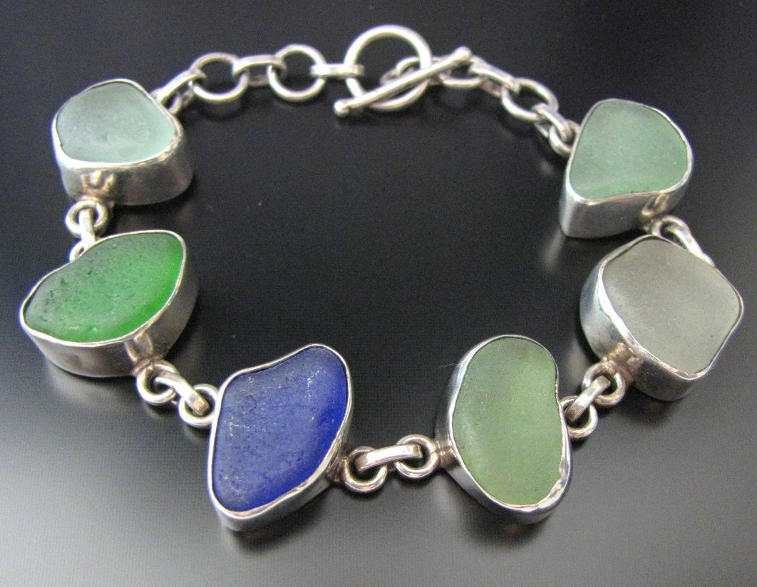 Genuine Sea Beach Glass - Beachcombed Seaglass Jewelry Bracelet - Sterling Silver