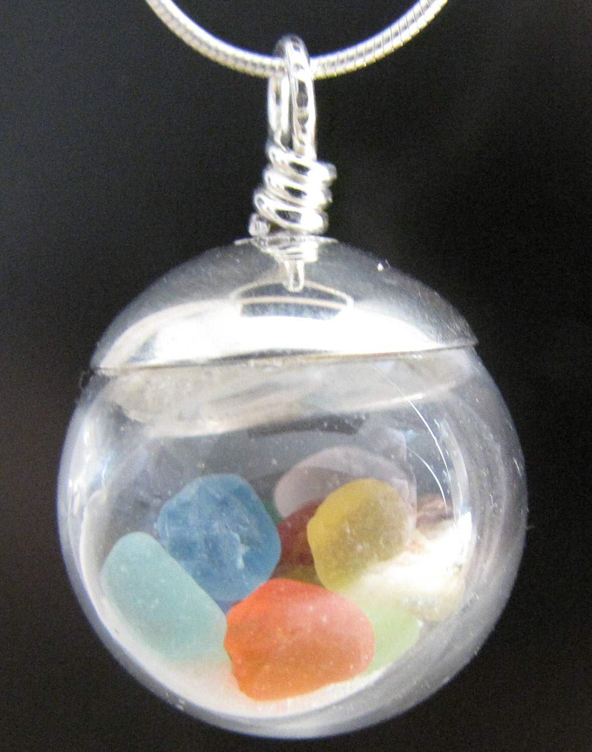 Genuine Sea Beach Glass Necklace - Rare Colors Seaglass Globe Ball & Sand - Sterling Silver Jewelry