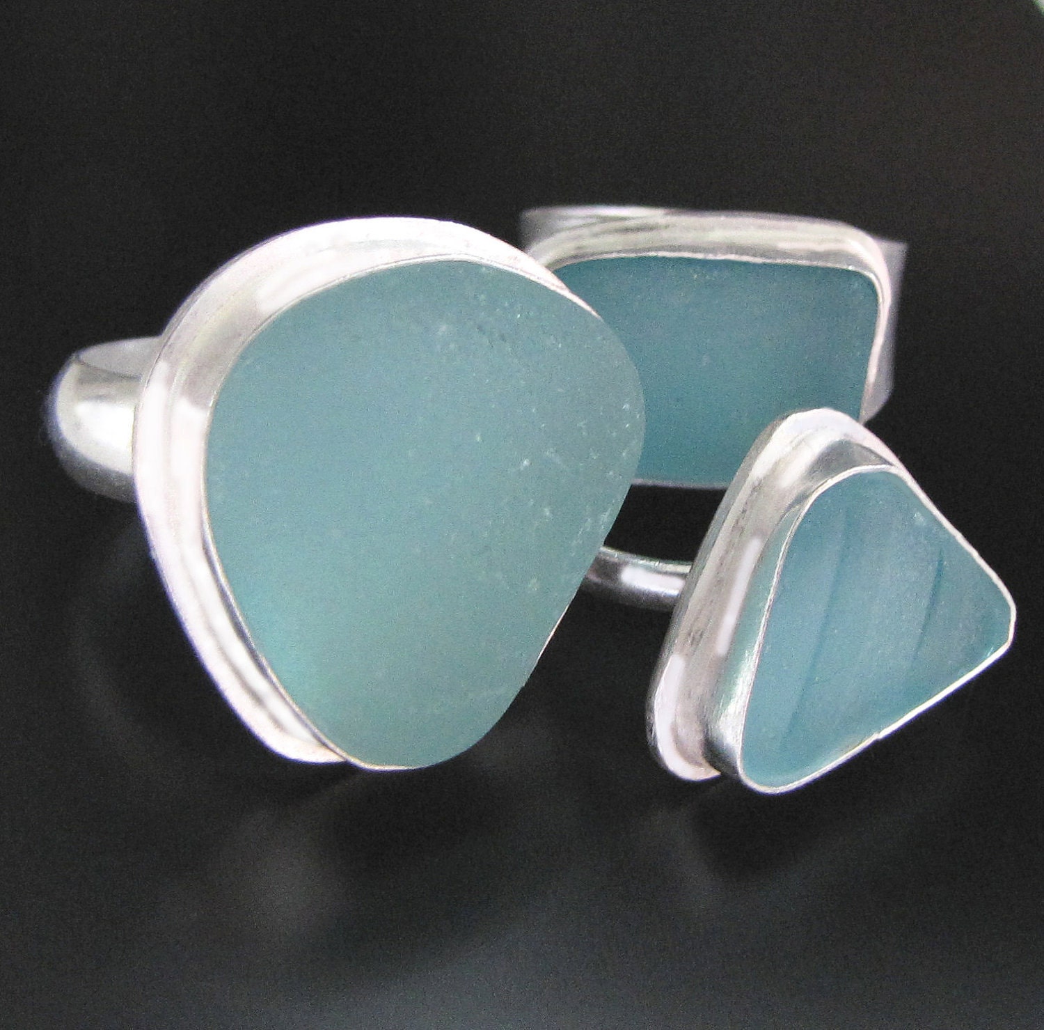 Genuine Sea Glass Ring - Bezel Set in Sterling Silver, Your Size, Your Color Choice - Aqua Blue, Soft Blue or Lime Green Jewelry