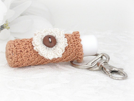 Lip Balm Holder, Keychain Key Holder in Copper Mist with Crochet Off White Flower
