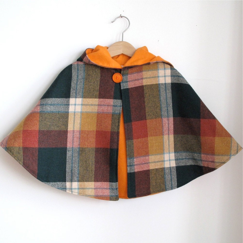 Wool Plaid and orange flannel hooded toddler Cape - size 4t
