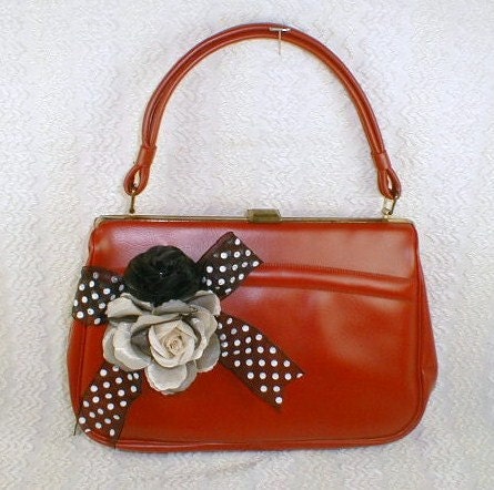 Vintage 1950's Glam Red Pocketbook Purse with Pinup Girl Big Roses Embellishment