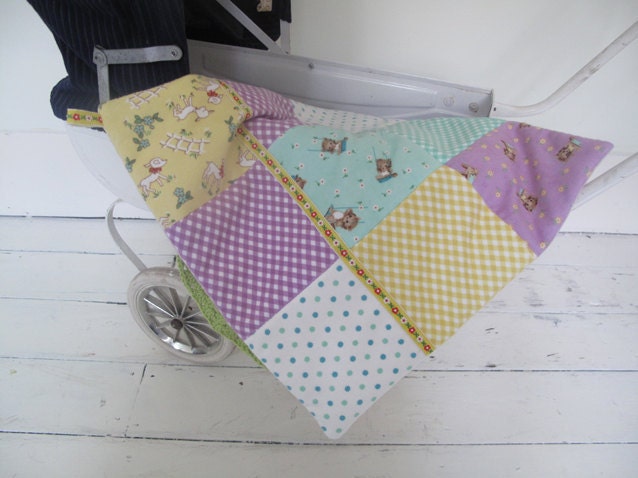 Doll patchwork blanket, cute kittens and deers playing, retro style, 1930's reproduction fabric
