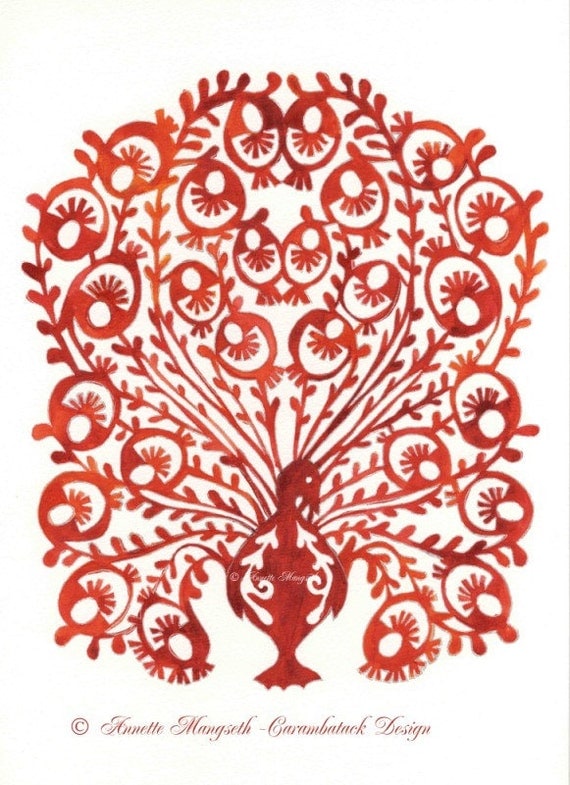 Original illustration - Watercolour -  Red Peacock