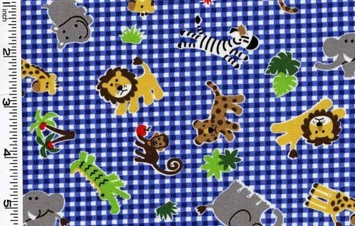 Kawaii Jungle Animals on Plaid Blue Japanese Fabric - Half Yard
