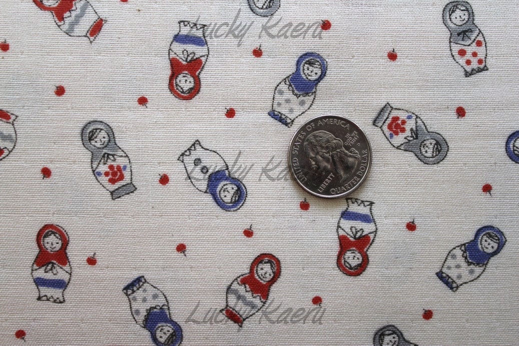 Kawaii Matryoshka Doll Red Blue on Natural Japanese Double Gauze Fabric - Half Yard