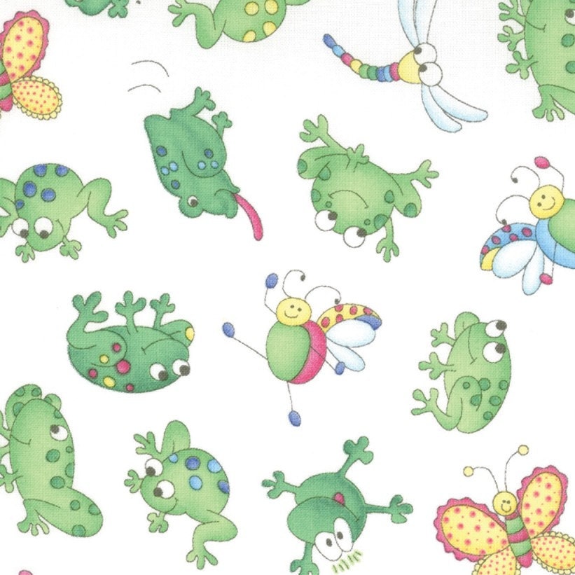SALE Moda Girlie Girl, Frog Friends White Fabric - By the Yard