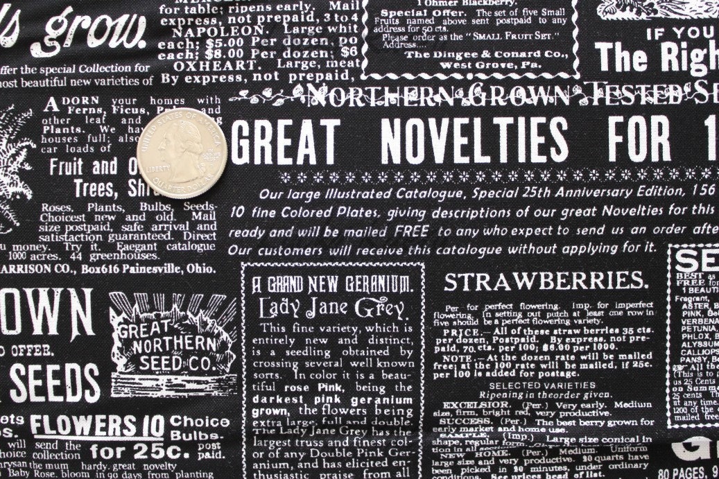 Lakehouse Seed Catalogue White on Black Fabric - By the Yard