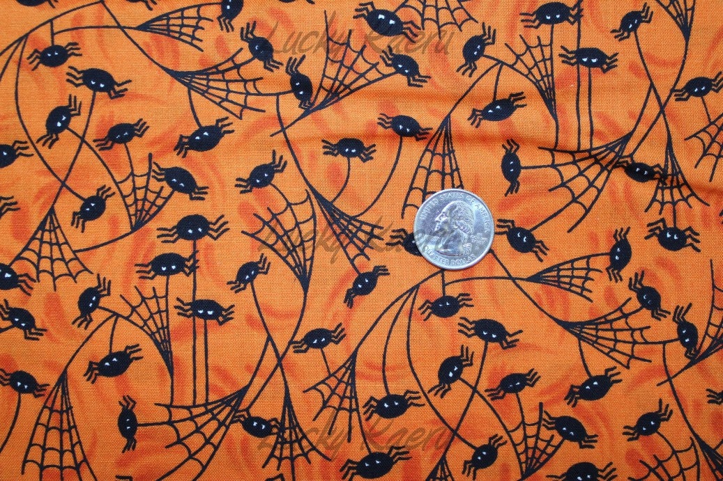 Deb Strain, Trick or Treat, Spiders and Webs on Orange Fabric - By the Yard
