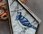 Glass Locket  Blue Jay Bird Necklace Art Hand Painted Pendant - ArtMadeByTammy