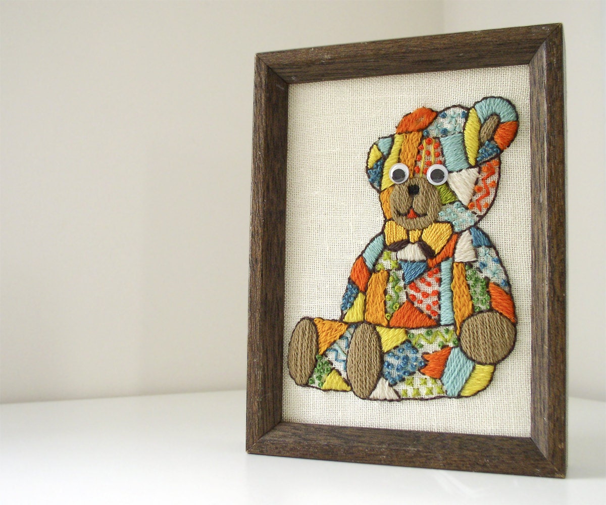 Vintage 70s Embroidered Patchwork Bear in Frame