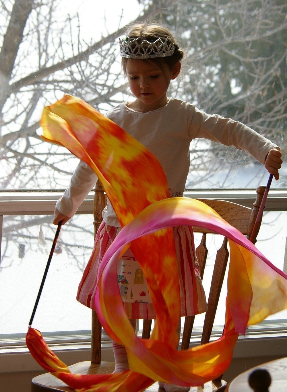 Playsilk Streamer and Wooden Wand Toy : Twirligig  (Sunrise) All Natural