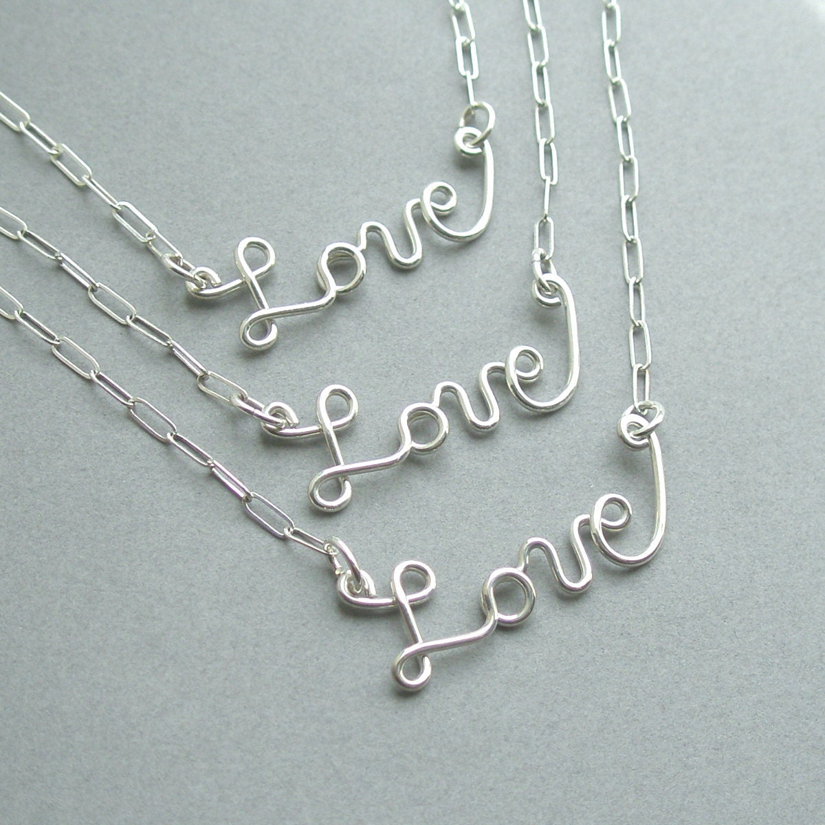 3 small Love necklaces (sterling silver wire word)