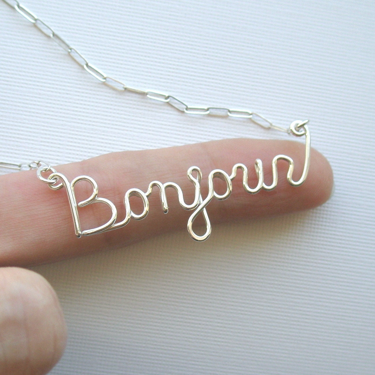 Bonjour necklace (sterling silver wire word)
