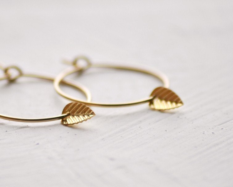 Tiny leaf hoops - gold filled small simple earrings - edor