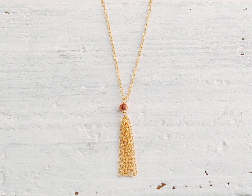 Skinny gold tassel necklace - simple modern boho jewelry women - edor
