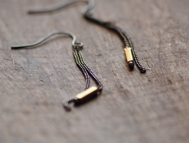 Gunmetal earrings - long sleek black & gold dangles - modern jewelry - edor gift for her