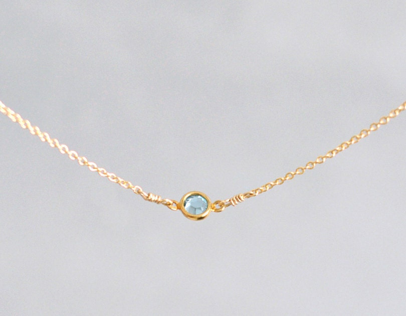 Solo mini - tiny light blue round crystal dot on gold filled chain necklace - dainty modern jewelry