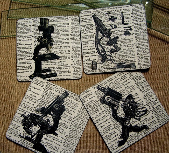 Coaster, (Coasters) - Science - Microscope Vintage Collectable - Dictionary Book page Art Print - Set of 4 wood coasters