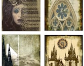 Medieval Wood coaster Set - Steampunk Goth Architecture Paris and Prague art coasters, Old World Castles, Stone statue 4 Coasters