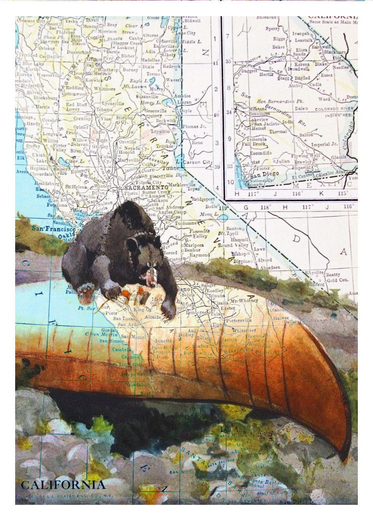 Bear Map Print - Reproduction of Vintage California MAP - Bear on Canoe Art Print - Animal Map Print, Original Mix Media - OnceTattered