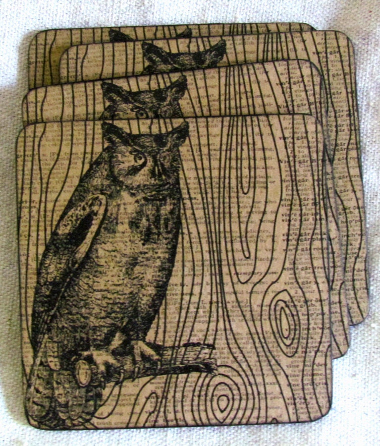 Owl Coasters -  Dictionary book page Coaster set - Wood Drink Coaster (Set of 4) woodland owl coasters