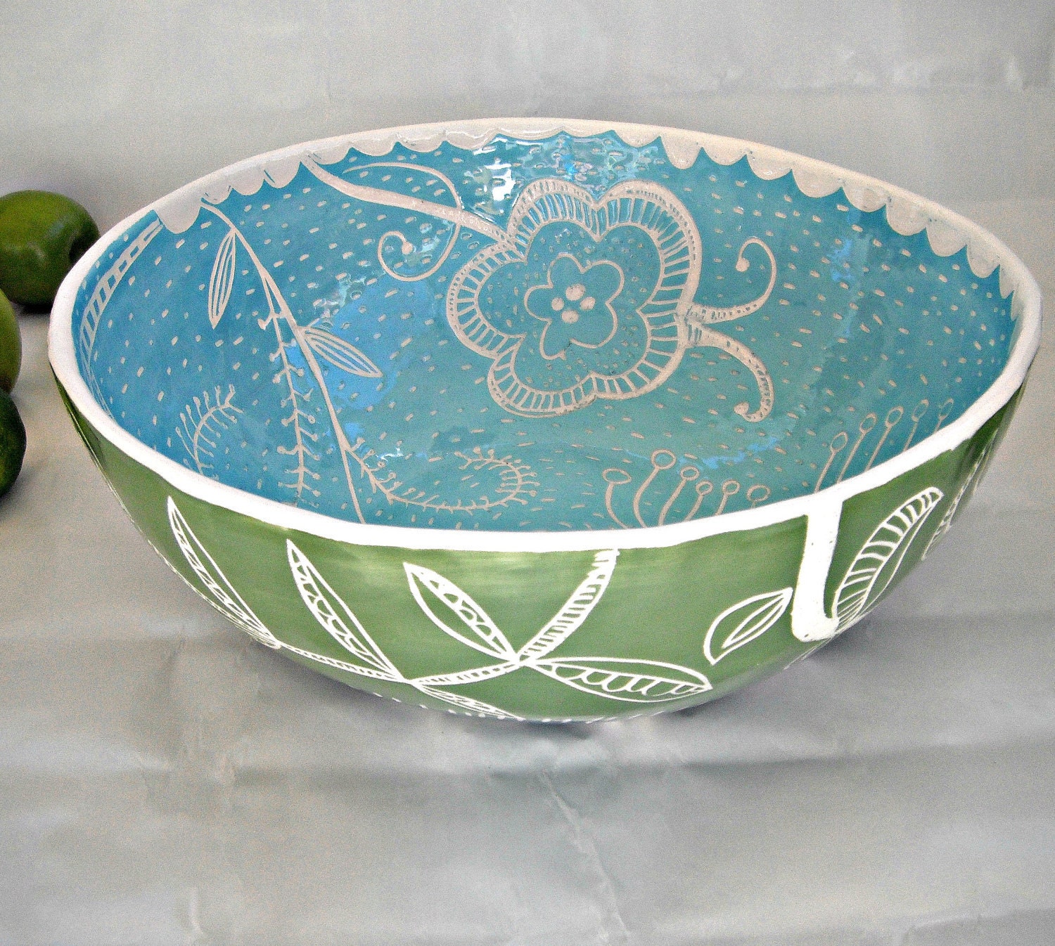 Large Salad Serving Bowl- leaf green and sea blue  Ready to Ship