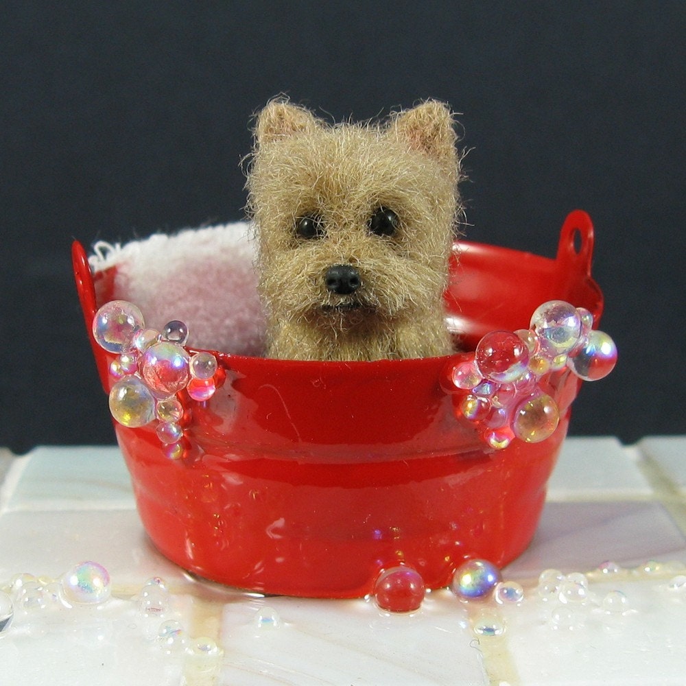 Yorkshire Terrier Sculpture - Needle Felted Yorkie Dog Sculpture, Miniature Yorkie in Bathtub - SALE
