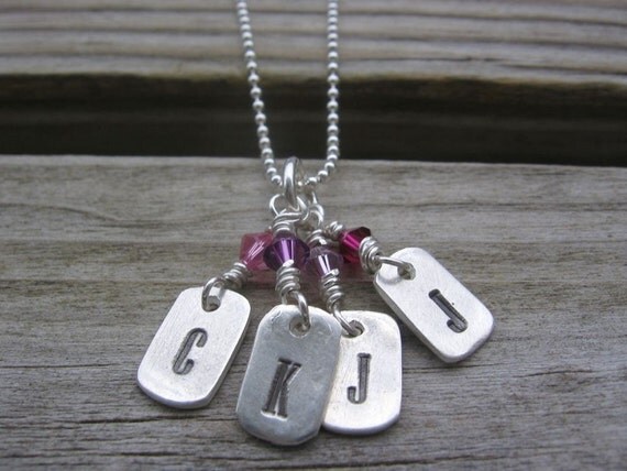 PMC Fine Silver Custom Hand Stamped Personalized Mini Dog Tags Family Necklace with Birthstone Crystals on Sterling Chain