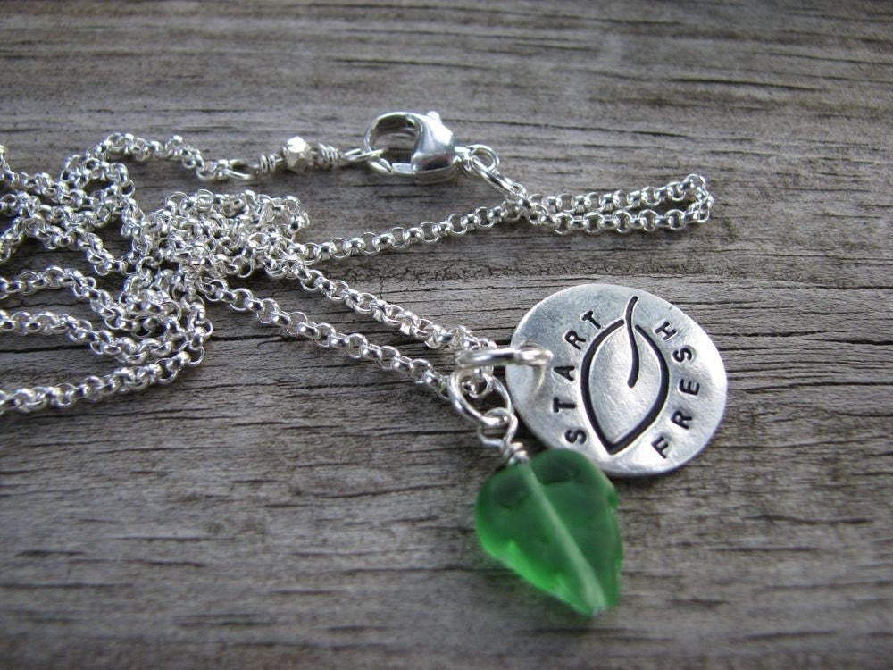 PMC Fine Silver Stamped Disc Pendant Turn Over A New Leaf Fresh Start Necklace on Sterling Chain