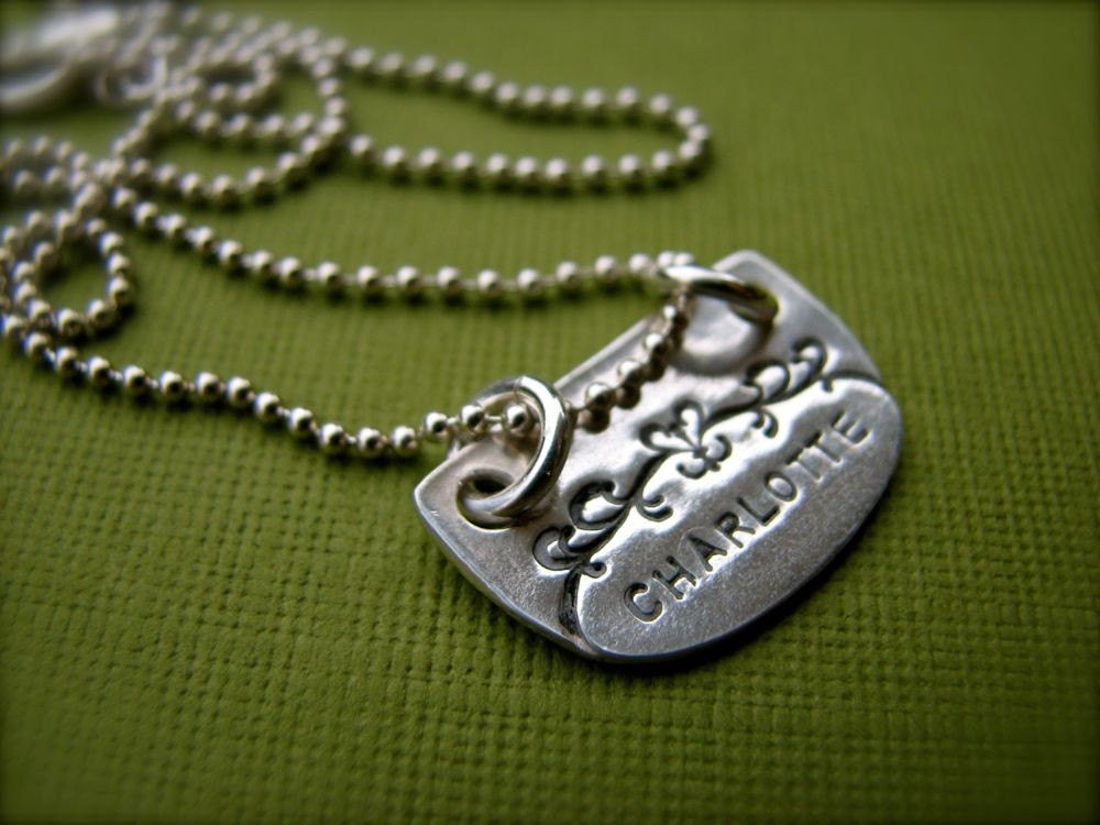 Flourish Custom Personalized Stamped Name Necklace in PMC Fine Silver Silver