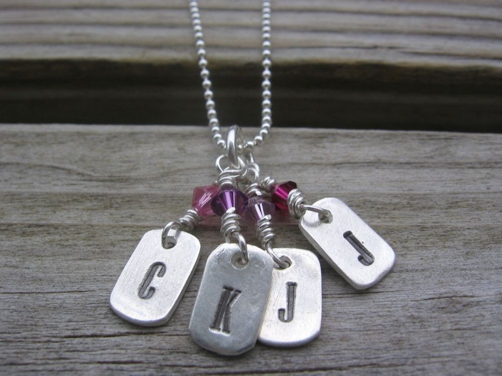 PMC Fine Silver Custom Hand Stamped Personalized Mini Dog Tags Family Necklace with Birthstone Crystals on Sterling Chain